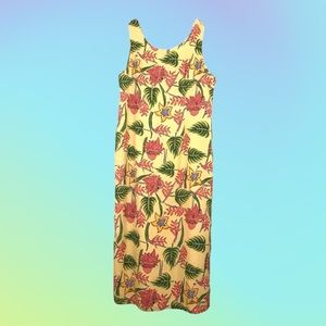 Pineapple Moon 100% silk tropical yellow maxi sleeveless beach dress Y2K XL